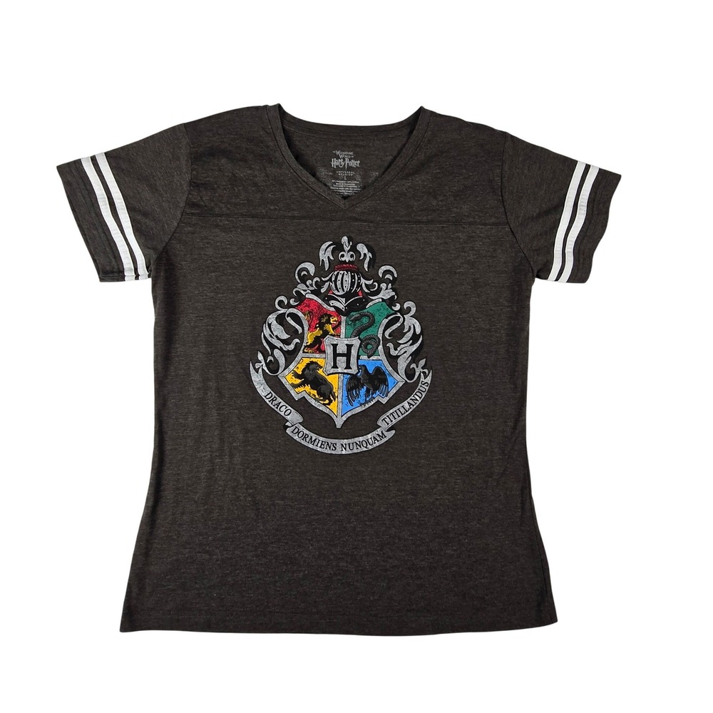 Universal Studios Harry Potter Hogwarts Graphic T-Shirt Women L‎ Grey V-Neck